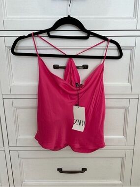 ZARA Hot Pink Satin Cowl Neck Spaghetti Strap Camisole